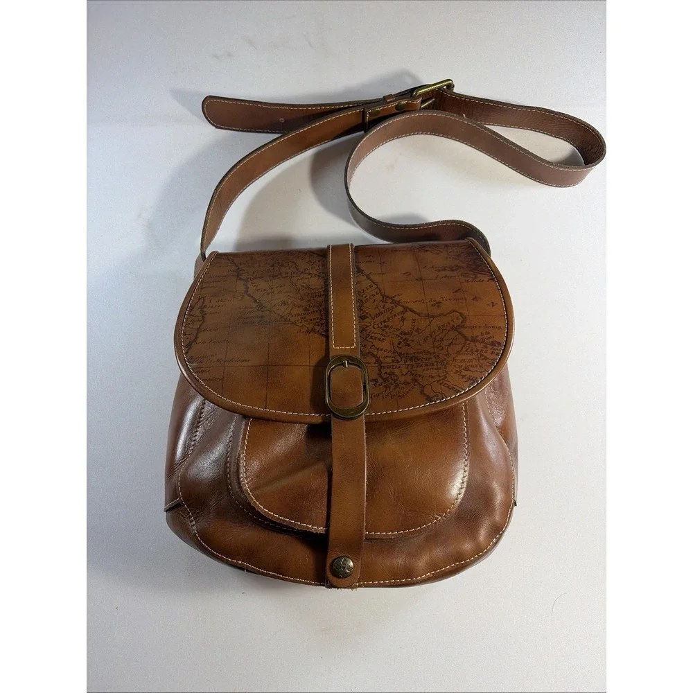 Patricia Nash Map Print Leather Crossbody Bag Brown Tan Italy Map Embossed Logo